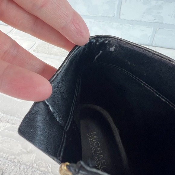 Michael‎ Kors Ankle Booties Womens 9 Black Leather Gold Zipper Lock Stacked Heel - Picture 11 of 15